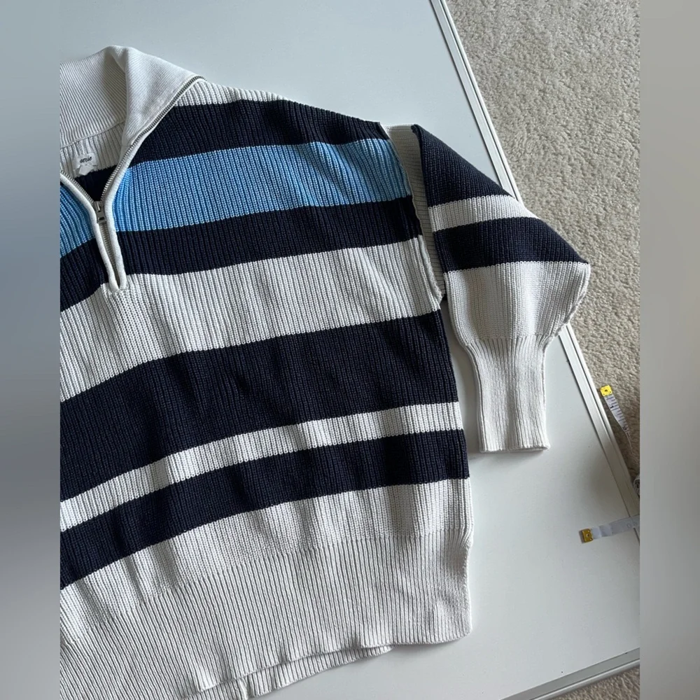 aerie knit Ribbed Half-Zip Sweater in White, Navy & Light Blue